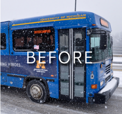 Michigan Bus in the snow - links to Know Before You Go page